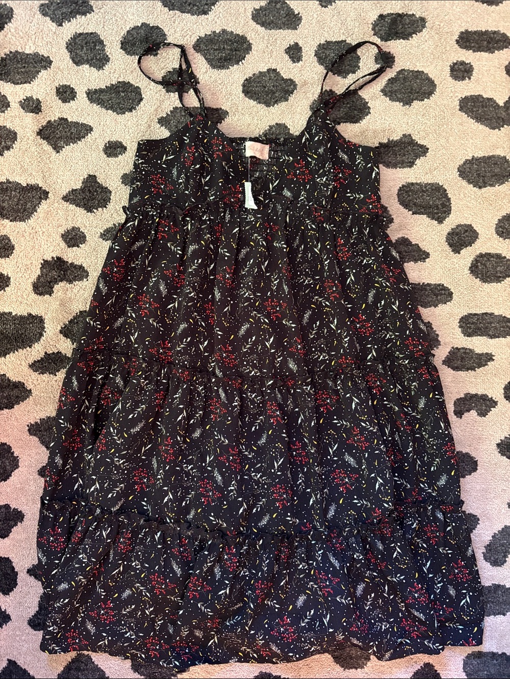 Altar'd State Black Floral Tiered Mini Dress with Red and Cream Accents